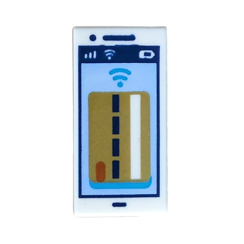White Tile 1 x 2 with Cell Phone / Smartphone with Gold Debit / Credit Card on Bright Light Blue Background, Signal Strength, WiFi, Battery Level and Dark Blue Outline, Blue Contactless Payment Symbol Pattern