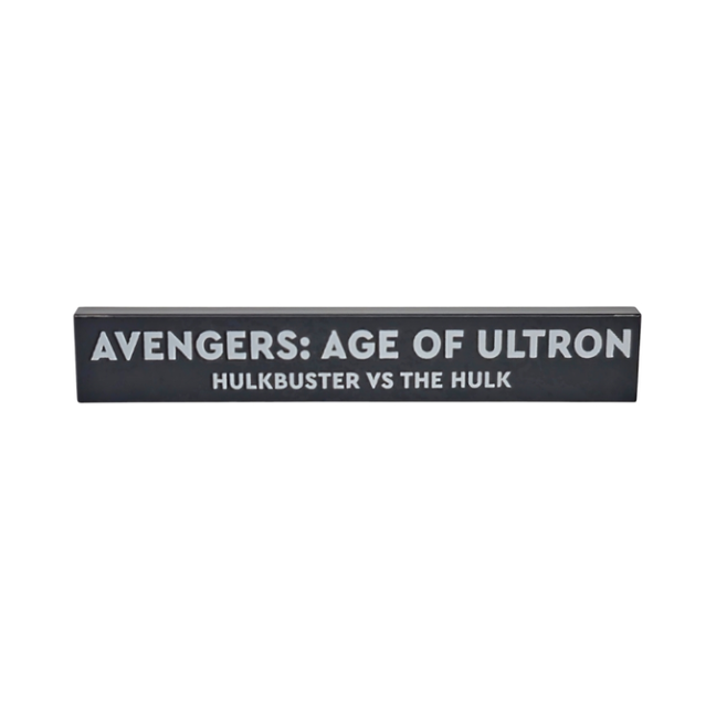 Black Tile 1 x 6 with White 'AVENGERS: AGE OF ULTRON HULKBUSTER VS THE HULK' Pattern