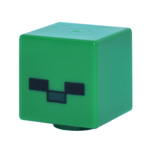 Green Minifigure, Head, Modified Cube with Pixelated Black Eyes and Dark Green Nose Pattern (Minecraft Zombie)