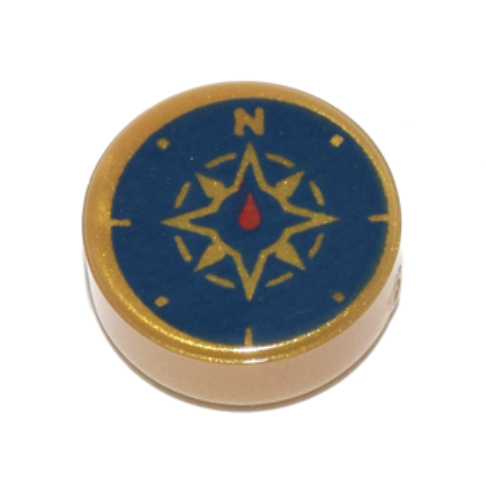 Pearl Gold Tile, Round 1 x 1 with Dark Blue Compass Rose and Red Needle Pattern