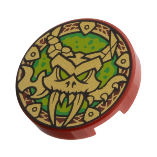 Dark Red Tile, Round 2 x 2 with Bottom Stud Holder with Gold Dragon Skull, Lime and Bright Green Background Pattern