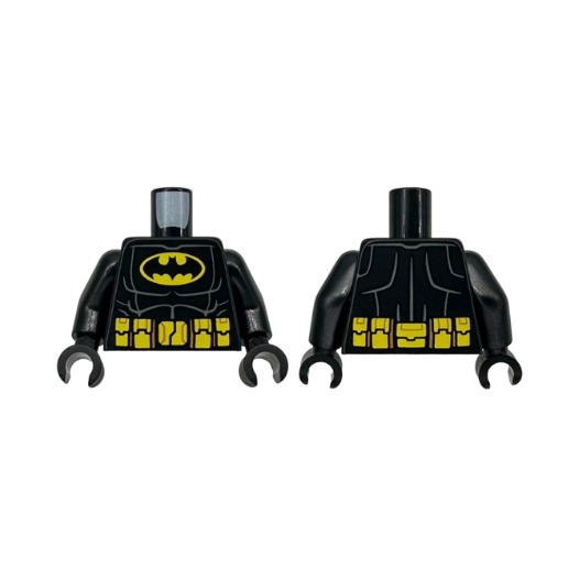 Black Torso Batman Suit with Bat in Yellow Oval Logo, Utility Belt with Pouches and Medium Nougat Details, Dark Bluish Gray Muscles Outline Pattern / Black Arms / Black Hands