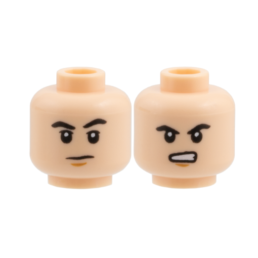 Light Nougat Minifigure, Head Dual Sided Black Eyebrows, Medium Nougat Chin Dimple, Neutral / Angry with Bared Teeth Pattern