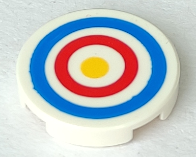 White Tile, Round 2 x 2 with Bottom Stud Holder with Blue and Red Circles and Yellow Dot Archery Target Pattern