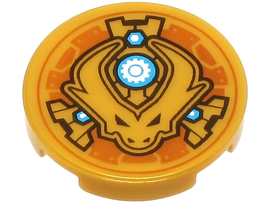 Pearl Gold Tile, Round 2 x 2 with Bottom Stud Holder with Dragon Head with Horns and Black Eyes, Dark Azure and White Nuts and Gear in Circle Pattern