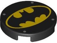 Black Tile, Round 2 x 2 with Bottom Stud Holder with Bat on Yellow Oval Batman Logo and 4 Silver Dots Pattern