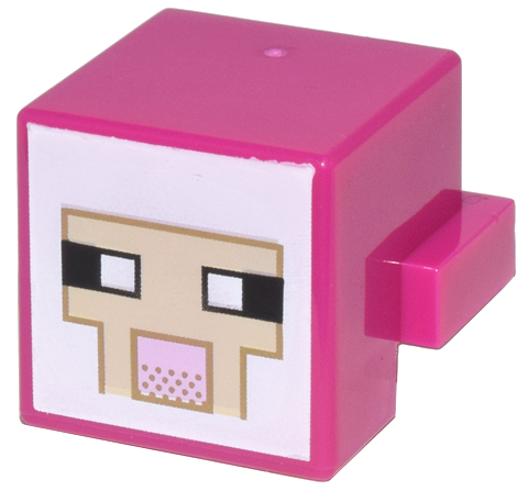 Magenta Creature Head Pixelated with Black and White Eyes, Bright Pink Nose, Tan Face with Dark Tan Outline on White Background Pattern (Minecraft Sheep)