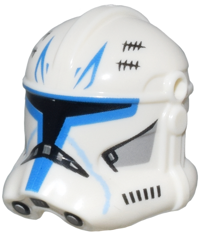 White Minifigure, Headgear Helmet SW Clone Trooper (Phase 2) with Holes with Black Visor and Tally, and Captain Rex Blue Markings Pattern