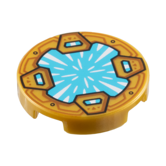 Pearl Gold Tile, Round 2 x 2 with Bottom Stud Holder with Medium Azure Crystal with White Radiating Reflections, Clasps with Dark Orange Shapes Pattern