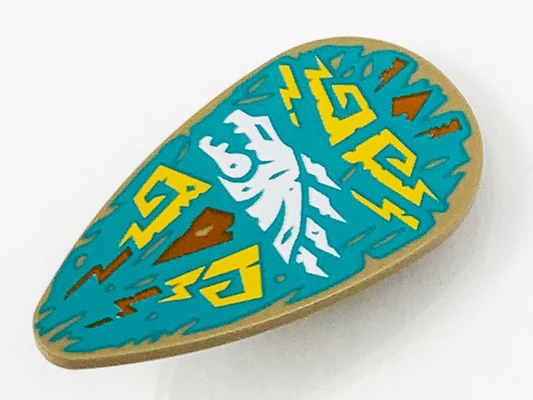 Dark Tan Minifigure, Shield Oval with White Dragon Head and Bright Light Orange Filigree on Dark Turquoise Background Pattern