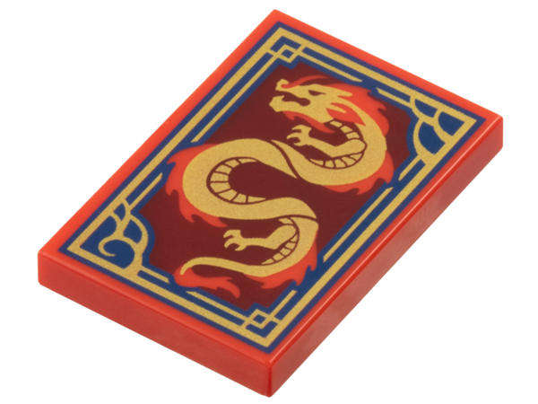 Red Tile 2 x 3 with Dragon on Dark Red Background with Ornate Dark Blue and Gold Border Pattern
