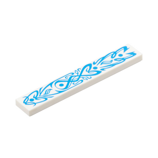 White Tile 1 x 6 with Dark Azure Flowery Filigree with Dots and Curved Lines Pattern