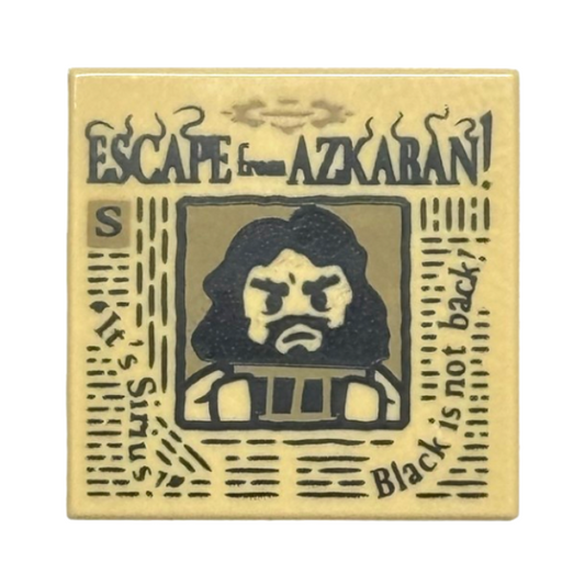 Tan Tile 2 x 2 with Newspaper with 'ESCAPE from AZKABAN!', 'It's Sirius!', 'Black is not back!' and Sirius Black Minifigure on Wanted Poster Pattern