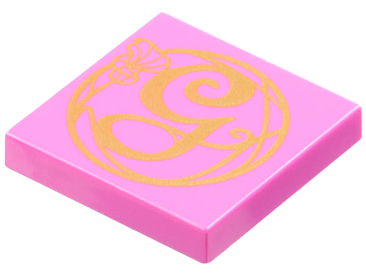 Dark Pink Tile 2 x 2 with Gold Script Capital Letter G (Glinda) and Flower Pattern