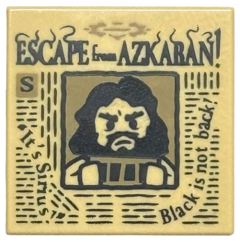 Tan Tile 2 x 2 with Newspaper with 'ESCAPE from AZKABAN!', 'It's Sirius!', 'Black is not back!' and Sirius Black Minifigure on Wanted Poster Pattern