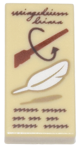 Tan Tile 1 x 2 with Dark Brown Script 'wingardium leviosa' and Scribbles, Reddish Brown Wand, White Feather Pattern