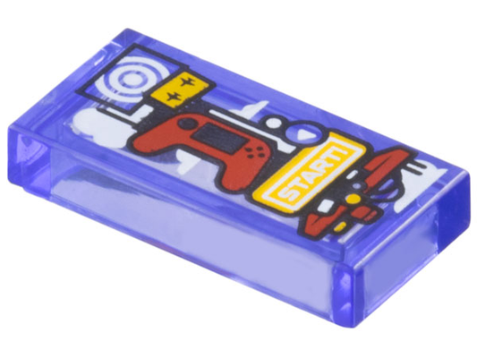 Trans-Purple Tile 1 x 2 with Game System Tower with Red Controller, White Target and 'START!' Pattern