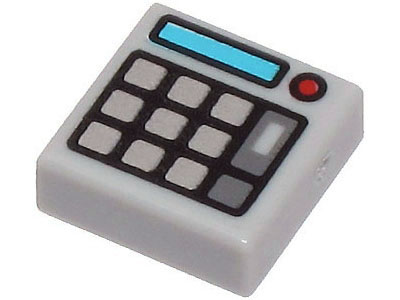 Light Bluish Gray Tile 1 x 1 with Silver Keypad Buttons, Medium Azure Screen and Red Light (Calculator) Pattern