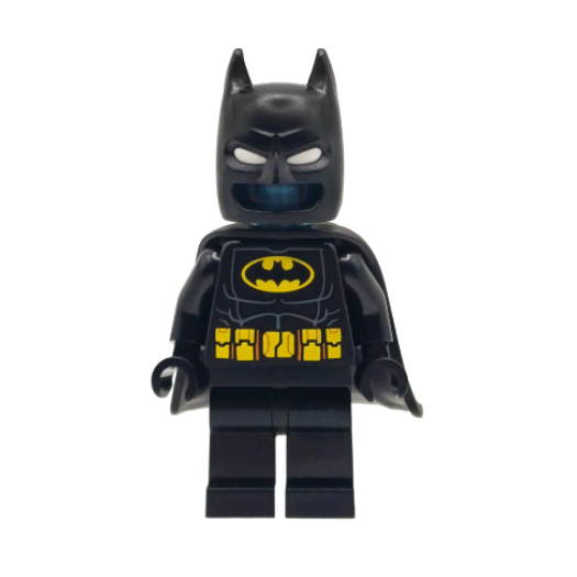 sh1115 Batman Batsuit - Black with Yellow Belt with Medium Nougat Details, Cowl with White Eyes, Flexible Rubber Cape, Trans-Light Blue Head