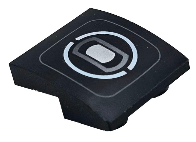 Black Slope, Curved 2 x 2 x 2/3 Inverted with Thin Dark Bluish Gray Rounded Square, White Split Circle, and Silver Headlight Pattern