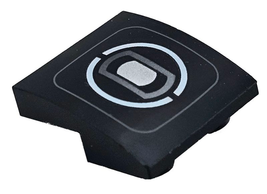 Black Slope, Curved 2 x 2 x 2/3 Inverted with Thin Dark Bluish Gray Rounded Square, White Split Circle, and Silver Headlight Pattern