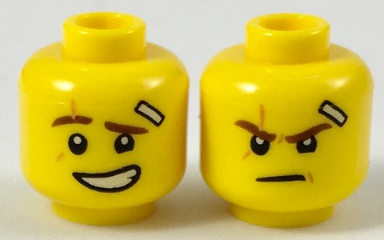 Yellow Minifigure, Head Dual Sided Reddish Brown Eyebrows, Medium Nougat Scar, Bandage, Lopsided Grin with Teeth / Determined Pattern (Kai)