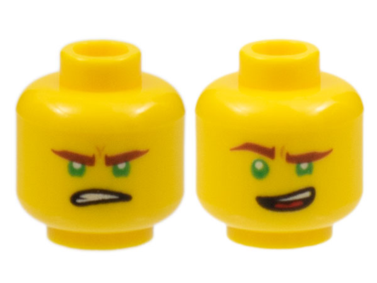 Yellow Minifigure, Head Dual Sided Reddish Brown Eyebrows, Green Eyes, Lopsided Open Mouth Grin / Gritted Teeth Pattern (Lloyd)