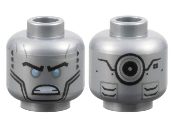 Flat Silver Minifigure, Head Alien Robot with Black Eyebrows, Metallic Light Blue Eyes, Cheek Lines, Angry Bared Teeth, Vents and Silver Circle on Back Pattern