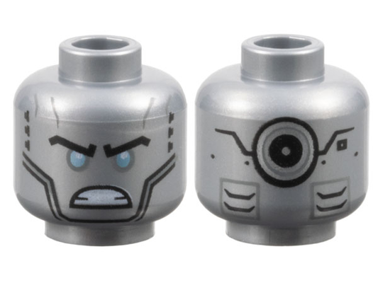 Flat Silver Minifigure, Head Alien Robot with Black Eyebrows, Metallic Light Blue Eyes, Cheek Lines, Angry Bared Teeth, Vents and Silver Circle on Back Pattern