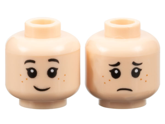 Light Nougat Minifigure, Head Dual Sided Child Female Black Eyebrows, Eyelashes, Dark Orange Freckles, Grin / Sad Frown Pattern