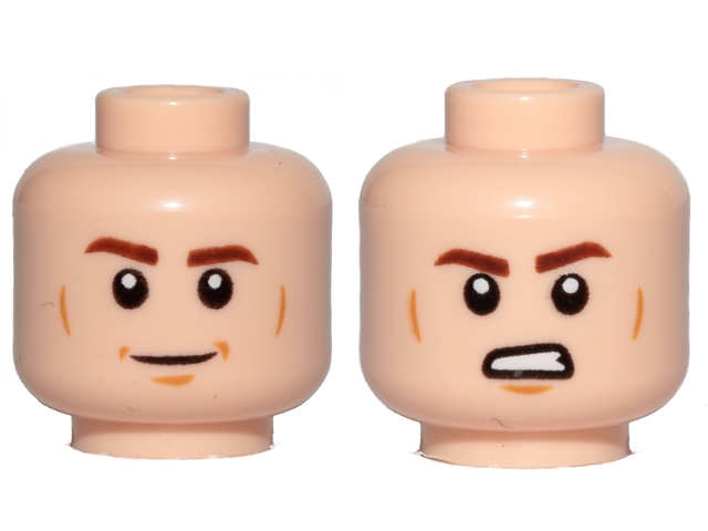 Light Nougat Minifigure, Head Dual Sided Reddish Brown Eyebrows, Medium Nougat Cheek Lines and Chin Dimple, Smile / Angry with Bared Teeth Pattern