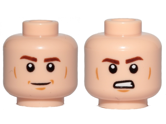 Light Nougat Minifigure, Head Dual Sided Reddish Brown Eyebrows, Medium Nougat Cheek Lines and Chin Dimple, Smile / Angry with Bared Teeth Pattern