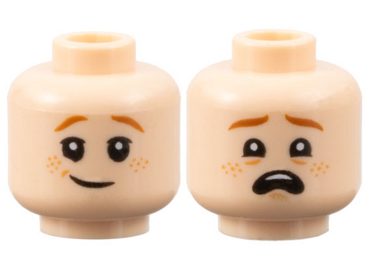 Light Nougat Minifigure, Head Dual Sided Child Dark Orange Eyebrows, Nougat Freckles, Lopsided Grin / Scared Open Mouth with Top Teeth Pattern
