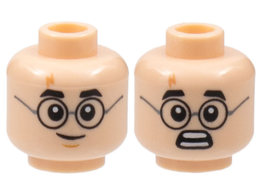 Light Nougat Minifigure, Head Dual Sided Black Thick Eyebrows, Round Glasses with Dark Silver Temples, Nougat Lightning Bolt Scar, Lopsided Grin with Medium Nougat Chin Dimple / Scared Open Mouth with Teeth Parted Pattern