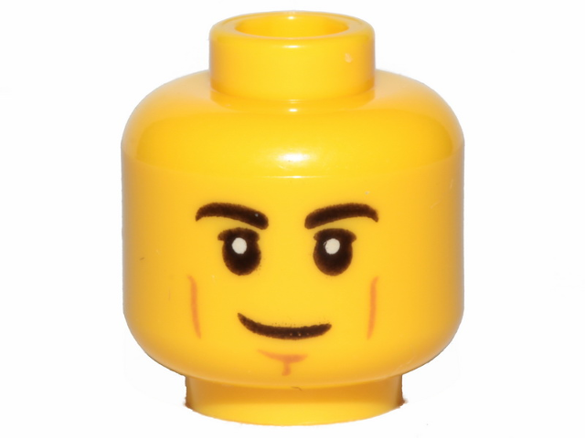 Yellow Minifigure, Head Black Eyebrows, Upper Eyelids, Nougat Cheek Lines and Chin Dimple, Lopsided Grin Pattern