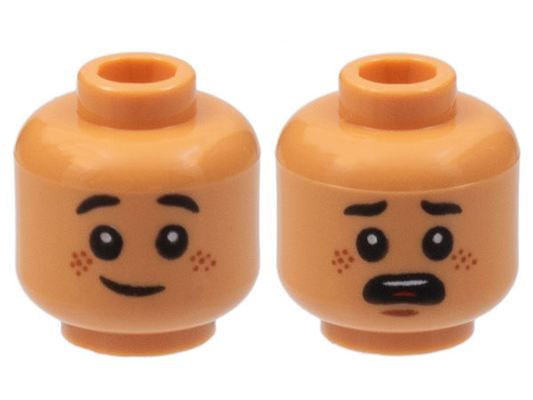 Nougat Minifigure, Head Dual Sided Child, Reddish Brown Freckles, Grin / Scared Open Mouth, Black Eyebrows Rounded Ends Pattern