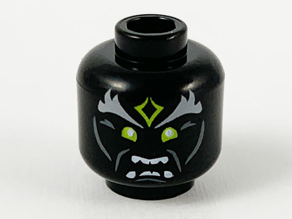 Black Minifigure, Head Alien Light Bluish Gray Bushy Eyebrows, Yellowish Green Forehead Tattoo and Eyes, Open Mouth Showing Teeth Pattern