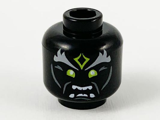 Black Minifigure, Head Alien Light Bluish Gray Bushy Eyebrows, Yellowish Green Forehead Tattoo and Eyes, Open Mouth Showing Teeth Pattern