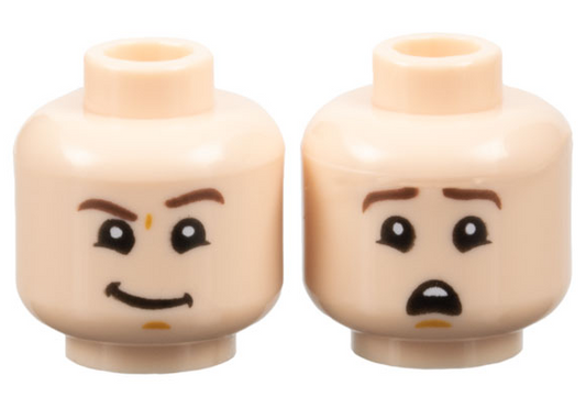 Light Nougat Minifigure, Head Dual Sided Dark Brown Eyebrows, Medium Nougat Chin Dimple, Lopsided Grin with Raised Left Eyebrow / Scared Open Mouth with Top Teeth Pattern