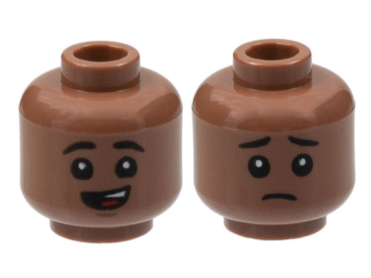 Medium Brown Minifigure, Head Dual Sided Child Black Eyebrows, Lopsided Open Mouth Smile with Top Teeth and Red Tongue / Sad Pattern