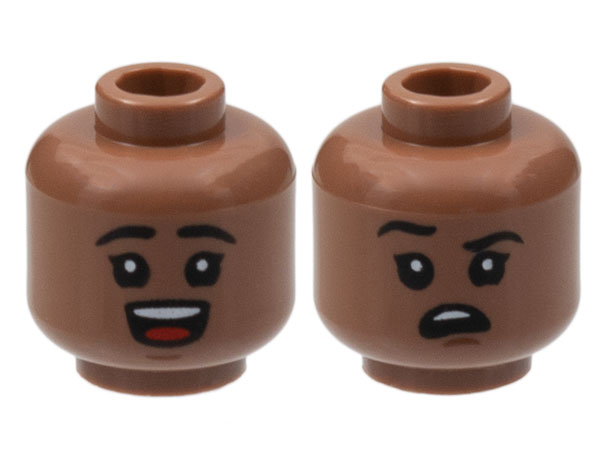 Medium Brown Minifigure, Head Dual Sided Child Black Eyebrows, Open Mouth Smile with Top Teeth and Red Tongue / Right Eyebrow Raised, Confused Pattern