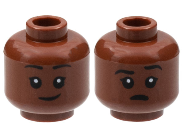 Reddish Brown Minifigure, Head Dual Sided Child Black Eyebrows, Smirk / Open Mouth with Left Eyebrow Raised Pattern