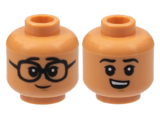 Nougat Minifigure, Head Dual Sided Child, Black Eyebrows and Eyes with White Pupils, Glasses / Smirk with Teeth Pattern