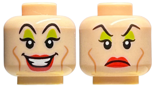 Light Nougat Minifigure, Head Dual Sided Female Black Eyebrows, Lime Eye Shadow, Medium Nougat Cheek Lines, Red Lips, Open Mouth Smile / Frown Pattern