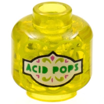 Trans-Yellow Minifigure, Head without Face with Green 'ACID POPS' on White Label Pattern