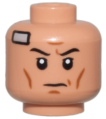 Nougat Minifigure, Head Black Eyebrows, Upper Eyelids, Dark Orange Cheek Lines and Chin Dimple, Furrowed Brow, Light Bluish Gray Inhibitor Chip Bandage, Stern Pattern