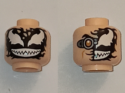 Light Nougat Minifigure, Head Dual Sided Alien, Partial Venom Smudge, Silver Goggle Right / Full Black Venom with White Eyes and Teeth Pattern