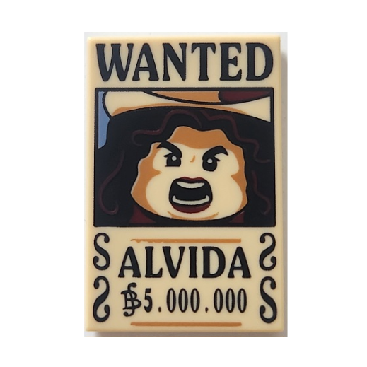 Tan Tile 2 x 3 with Wanted Poster with Black 'WANTED' 'ALVIDA' (Berry) '5.000.000' Pattern