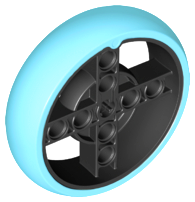 Black Wheel 56 x 14 Technic with Axle Hole and 8 Pin Holes with Molded Medium Azure Hard Rubber Tire Pattern