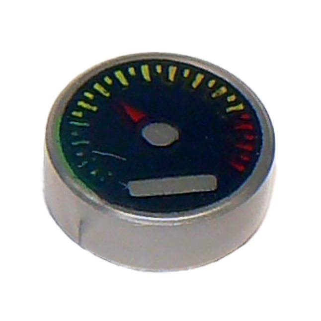 Flat Silver Tile, Round 1 x 1 with Black Gauge with Red Pointer and Green, Yellow, and Red Tick Marks Pattern